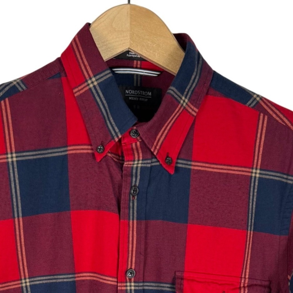 Nordstrom Shop Plaid Flannel Button Down Shirt Mens‎ M Red Blue Regular Fit
